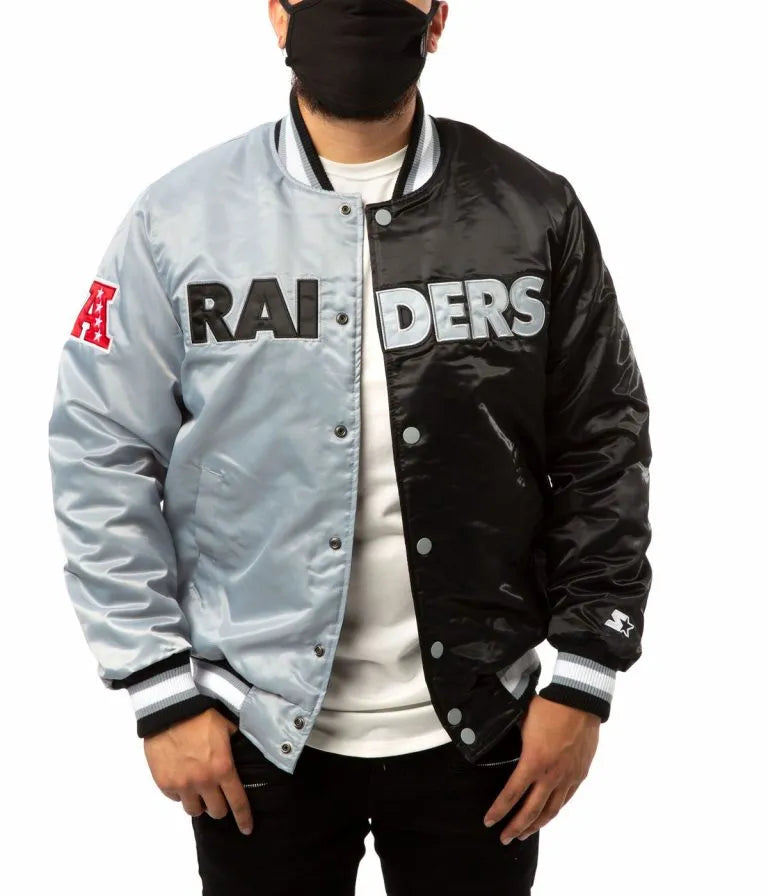 Las Vegas Raiders Black and Grey Satin Bomber Men's Jacket