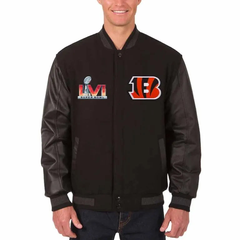 Cincinnati Bengals Super Bowl LVI Black Wool & Genuine Leather Sleeves Men's Varsity Jacket