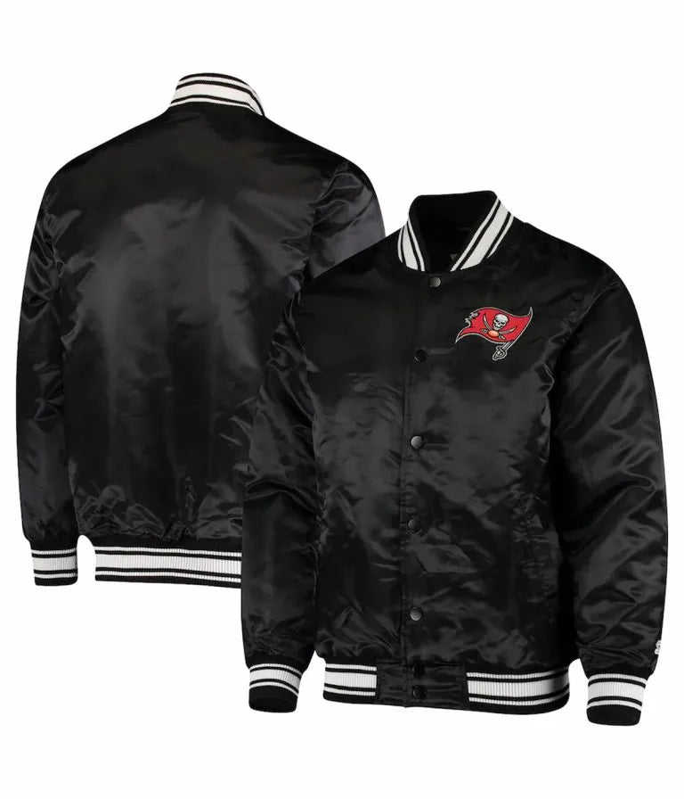Tampa Bay Buccaneers Locker Room Full-Snap Varsity Black Satin Men's Bomber Jacket