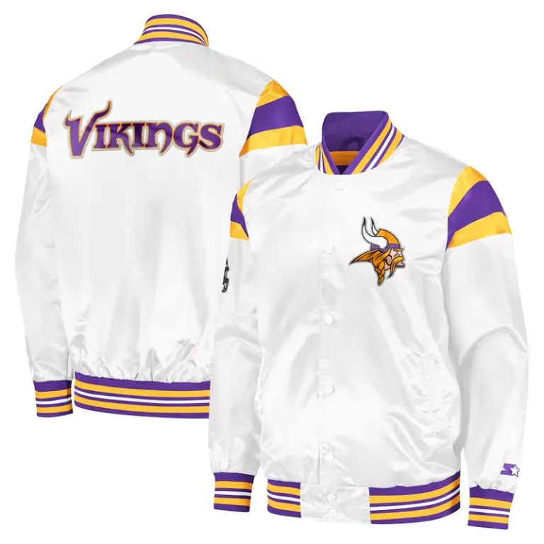 Minnesota Vikings Midweight Full-Snap Varsity White Satin Men's Bomber Jacket