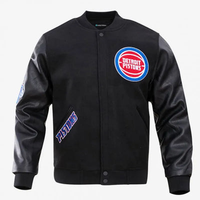 Detroit Pistons Mashup Varsity Black Wool and Genuine Leather Sleeves Men's Bomber Jacket
