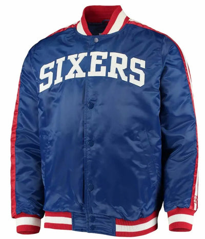Philadelphia 76ers The Offensive Full-Snap Varsity Royal Blue Satin Men's Bomber Jacket
