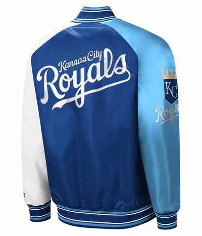 Kansas City Royals Reliever Raglan Full-Snap Varsity Royal/Light Blue Satin Men's Jacket