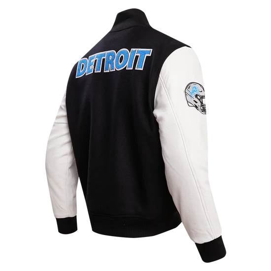 Detroit Lions Black Wool & White Genuine Leather Sleeves Men's Varsity Jacket
