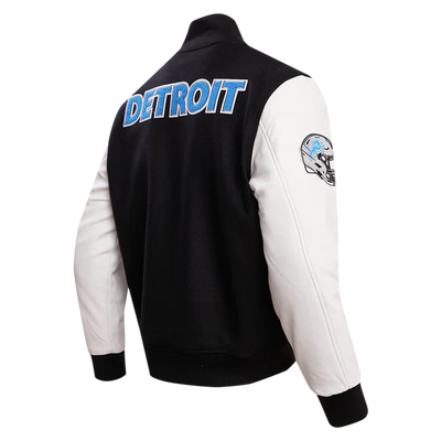 Detroit Lions Black Wool & White Genuine Leather Sleeves Men's Varsity Jacket