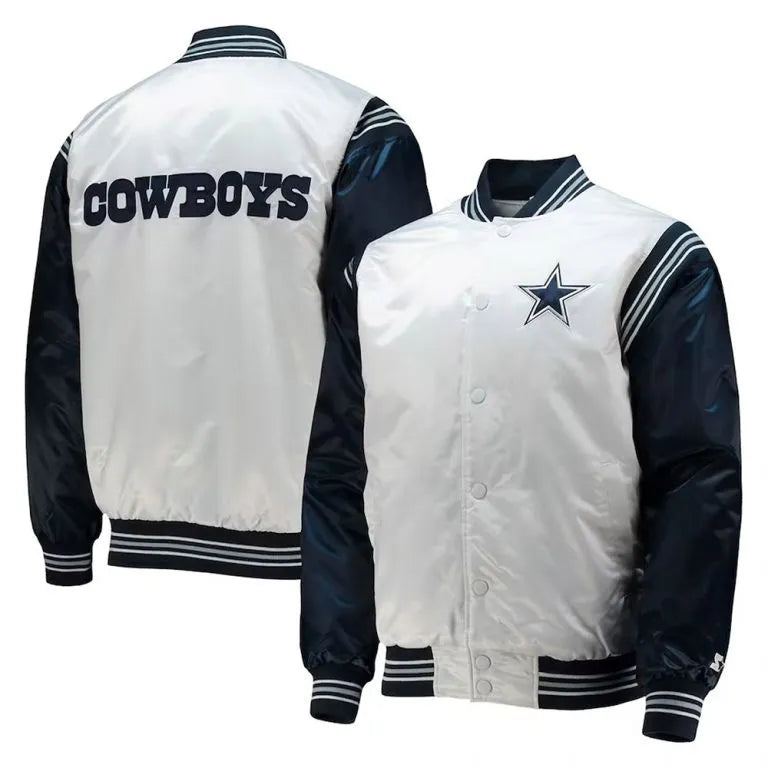 Dallas Cowboys Renegade Throwback Full-Snap Varsity White/Navy Satin Men's Bomber Jacket