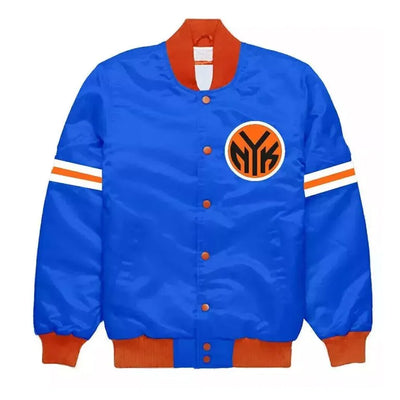 New York Knick Striped Full-Snap Varsity  Blue/White Satin Men's Bomber Jacket