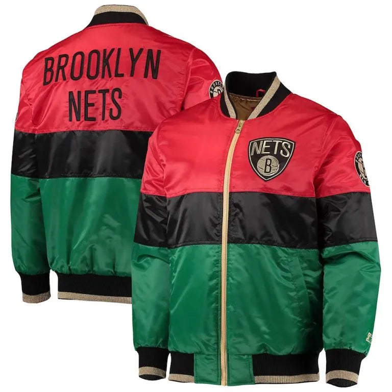 Brooklyn Nets 75th Anniversary Black History Month Full-Snap Varsity Color-Block Satin Men's Bomber Jacket