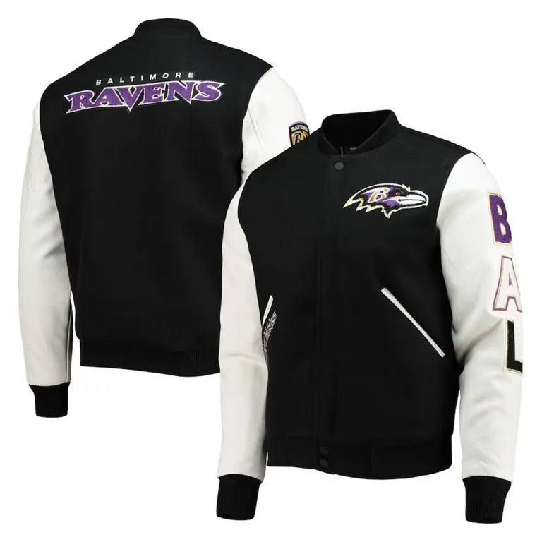 Baltimore Ravens Logo Black Wool and White Leather Sleeves Varsity Men's Jacket