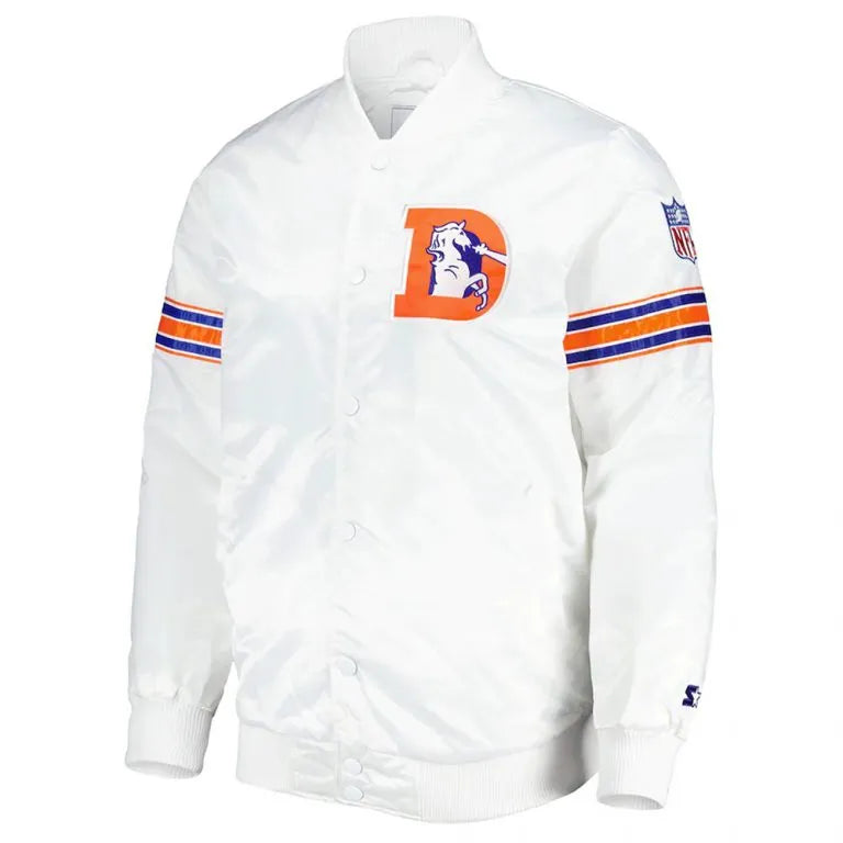 Denver Broncos The Power Forward Full-Snap Varsity White Satin Men's Bomber Jacket