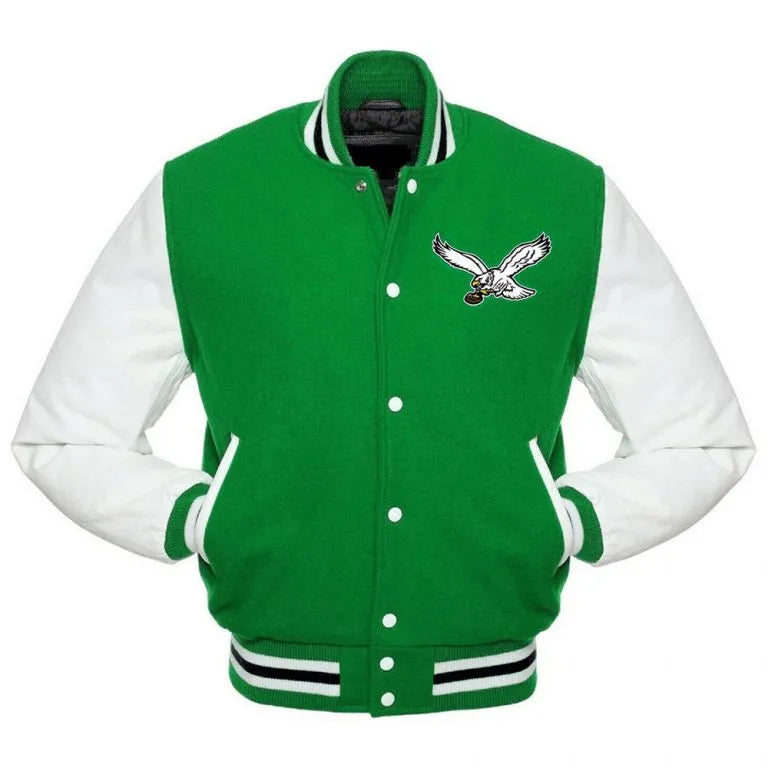 Philadelphia Eagles Vintage Green Wool & White Genuine Leather Sleeves Men's Varsity Letterman Jacket