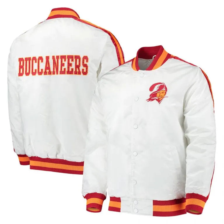Tampa Bay Buccaneers Throwback D-Line Full-Snap Varsity White Satin Men's Bomber Jacket