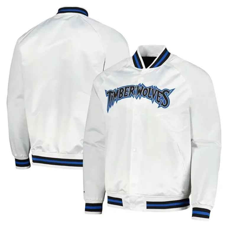Minnesota Timberwolves Hardwood Classics Full-Snap Varsity White Satin Men's Bomber Jacket