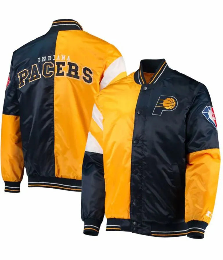 Indiana Pacers Full-Snap Varsity Yellow and Navy Blue Satin Men's Bomber Jacket