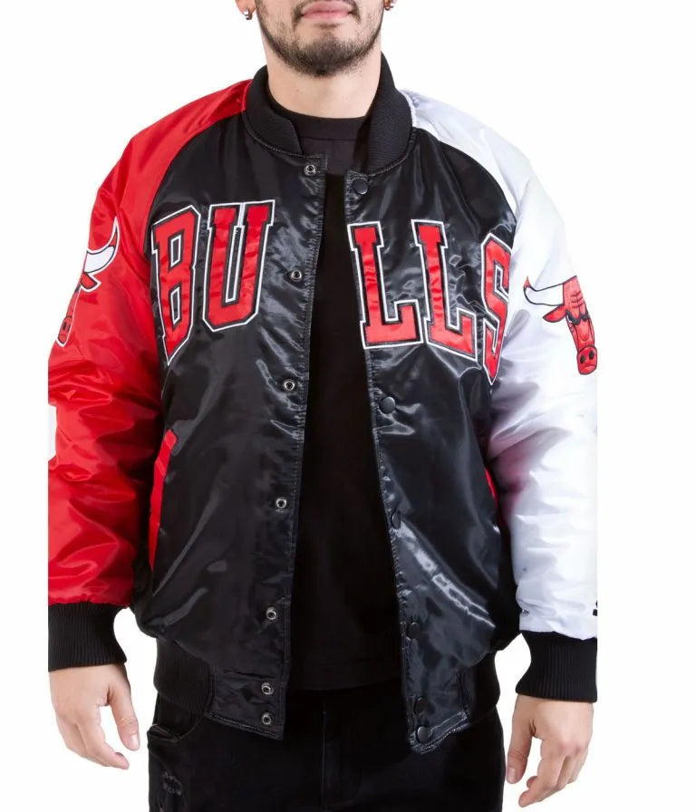 Chicago Bulls Full-Snap Varsity Tri-Color Satin Men's Bomber Jacket