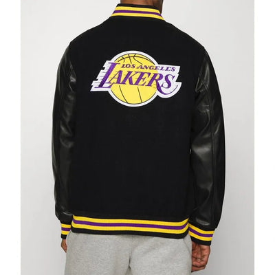 Los Angeles Lakers Training Team Logo Varsity Black Wool & Genuine Leather Sleeves Men's Bomber Jacket