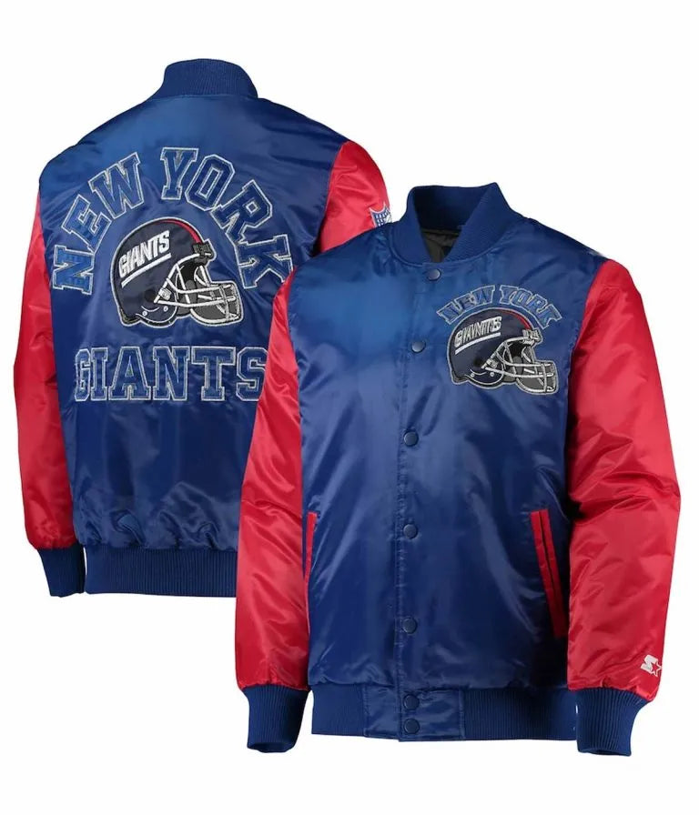 New York Giants Locker Room Throwback Full-Snap Varsity Royal Blue and Red Satin Men's Bomber Jacket