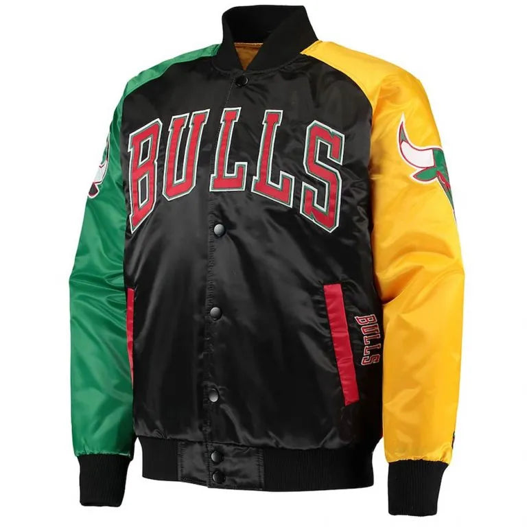 Chicago Bulls Ty Mopkins Full-Snap Varsity Red and Black Satin Men's Bomber Jacket