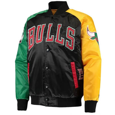 Chicago Bulls Ty Mopkins Full-Snap Varsity Red and Black Satin Men's Bomber Jacket