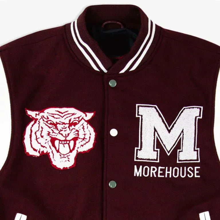 Morehouse College Motto 3.0 Maroon Wool & Genuine Leather Sleeves Men's Letterman Varsity Jacket