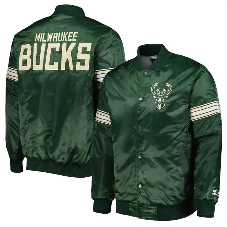 Milwaukee Bucks Pick & Roll Full-Snap Varsity Green Satin Men's Bomber Jacket