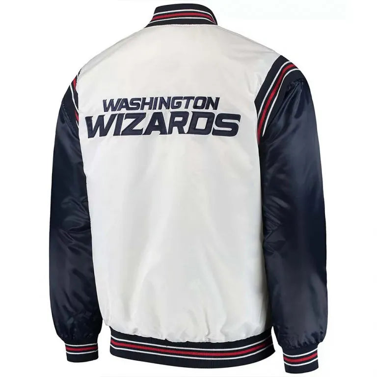Washington Wizards Renegade Full-Snap Varsity White and Navy Blue Satin Men's Bomber Jacket