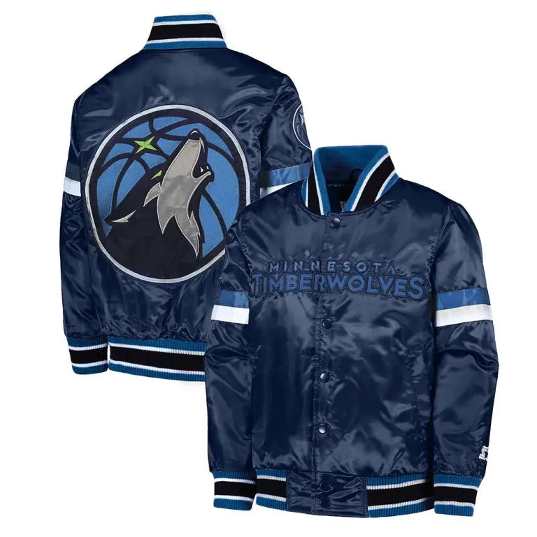Minnesota Timberwolves Youth Home Game Full-Snap Varsity Navy Blue Satin Men's Bomber Jacket