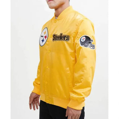 Pittsburgh Steelers Chest Hit Logo Full-Snap Varsity Yellow Satin Men's Bomber Jacket
