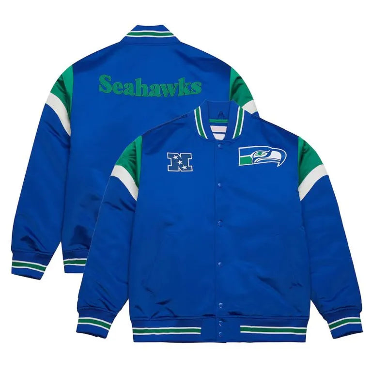 Seattle Seahawks Heavyweight Full-Snap Varsity Royal Blue Satin Men's Bomber Jacket