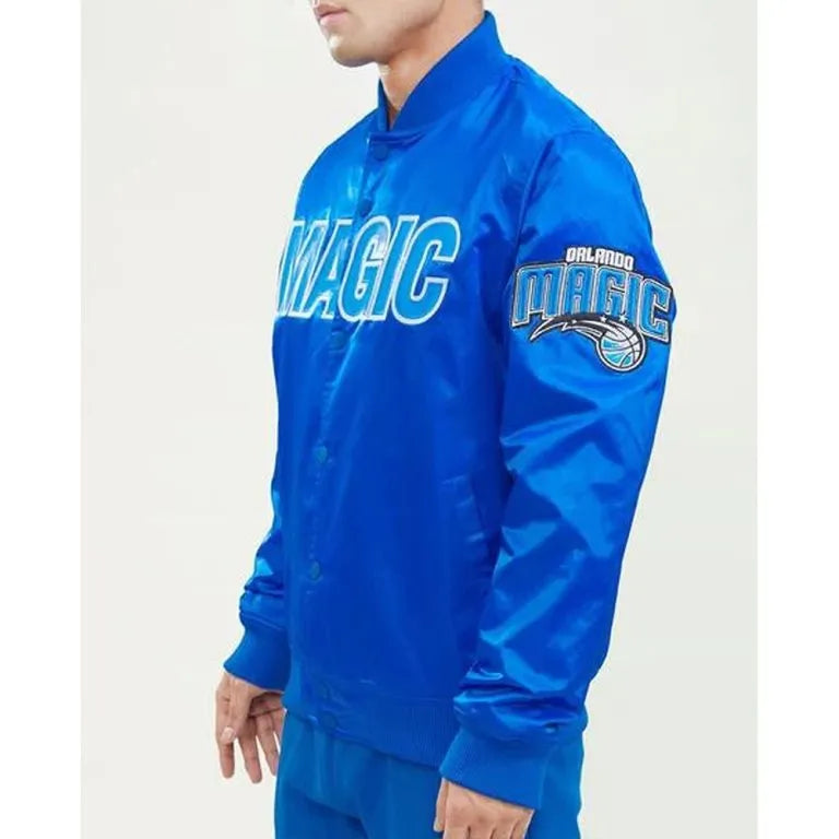 Orlando Magic Wordmark Full-Snap Varsity Royal Blue Satin Men's Bomber Jacket