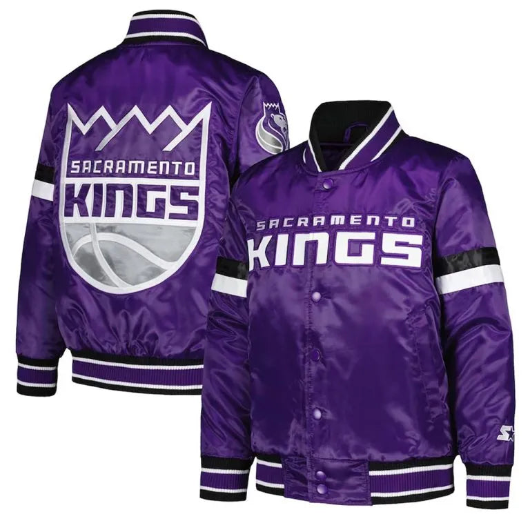 Sacramento Kings Youth Home Game Full-Snap Varsity Purple and Black Satin Men's Bomber Jacket