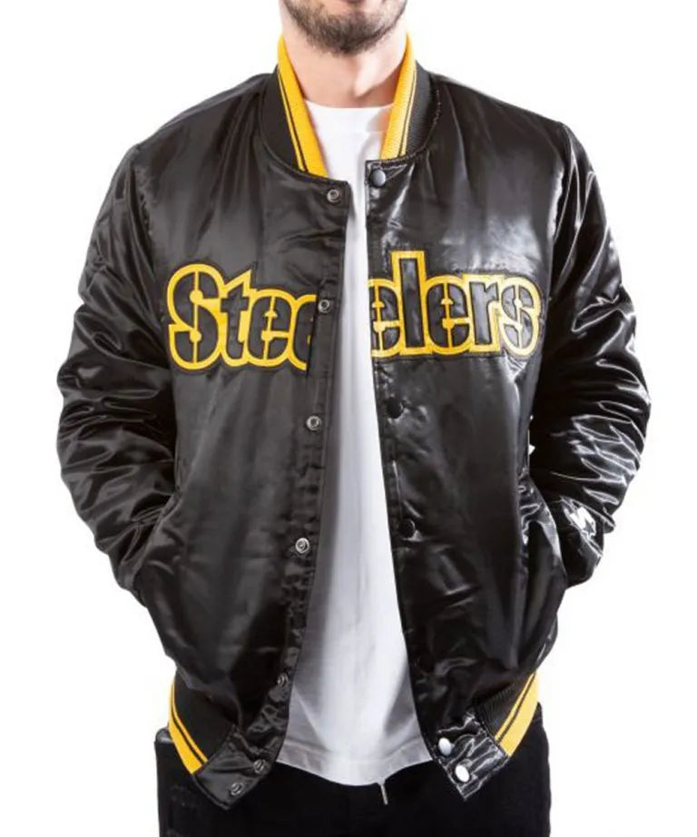 Pittsburgh Steelers Full-Snap Varsity Black Satin Men's Bomber Jacket
