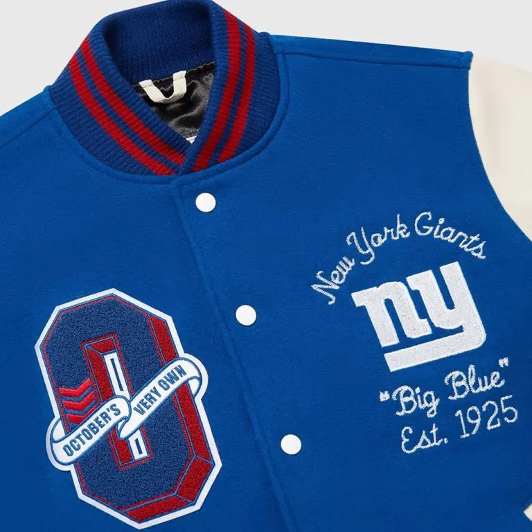 OVO New York Giants Blue Wool & White Genuine Leather Sleeves Men's Varsity Letterman Jacket