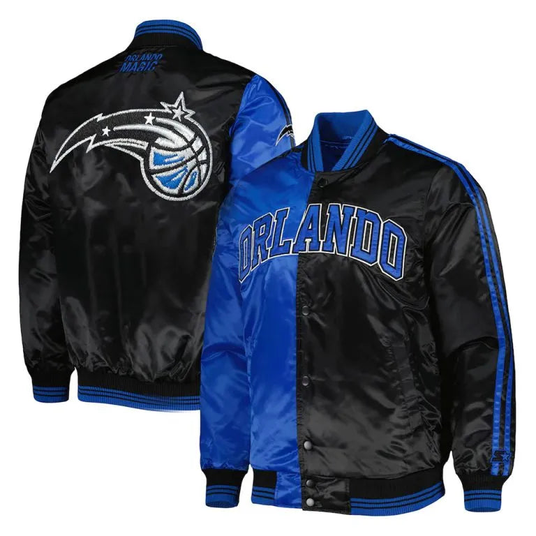 Orlando Magic Fast Break Full-Snap Varsity Black and Blue Satin Men's Bomber Jacket