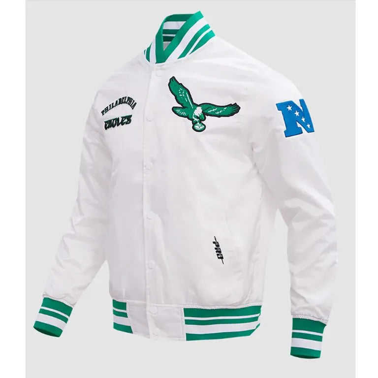 Philadelphia Eagles Retro Classic Rib Full-Snap Varsity White Satin Men's Bomber Jacket