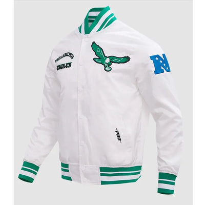 Philadelphia Eagles Retro Classic Rib Full-Snap Varsity White Satin Men's Bomber Jacket