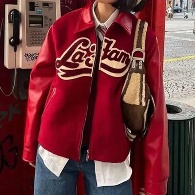 La Fam Full-Zip Red Wool & Genuine Leather Sleeves Men's Letterman Varsity Jacket