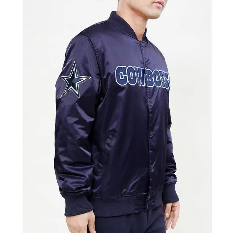 Dallas Cowboys Wordmark Full-Snap Varsity Navy blue Satin Men's Bomber Jacket