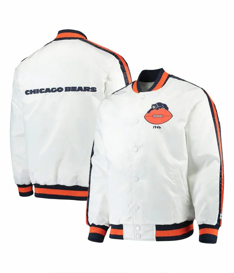 Chicago Bears Throwback D-Line Full-Snap Varsity White Satin Men's Bomber Jacket