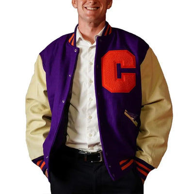Clemson Tigers Ceremony Purple Wool & Cream Genuine Leather Sleeves Men's Letterman Varsity Jacket