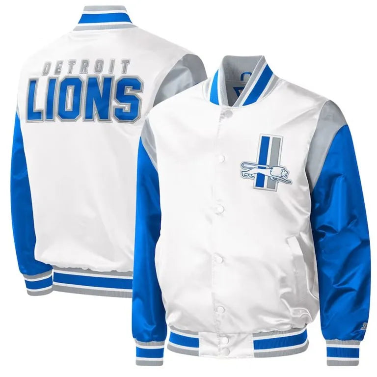 Detroit Lions Throwback Warm Up Pitch Full-Snap Varsity Blue & White Satin Men's Bomber Jacket