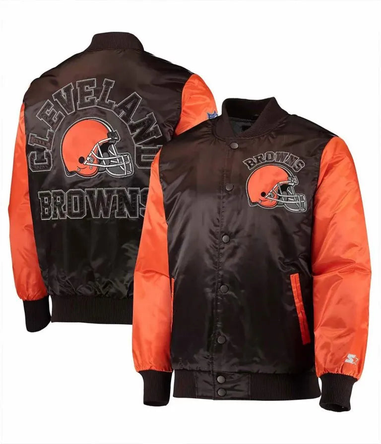 Cleveland Browns Locker Room Throwback Varsity Brown/Orange Satin Men's Bomber Jacket