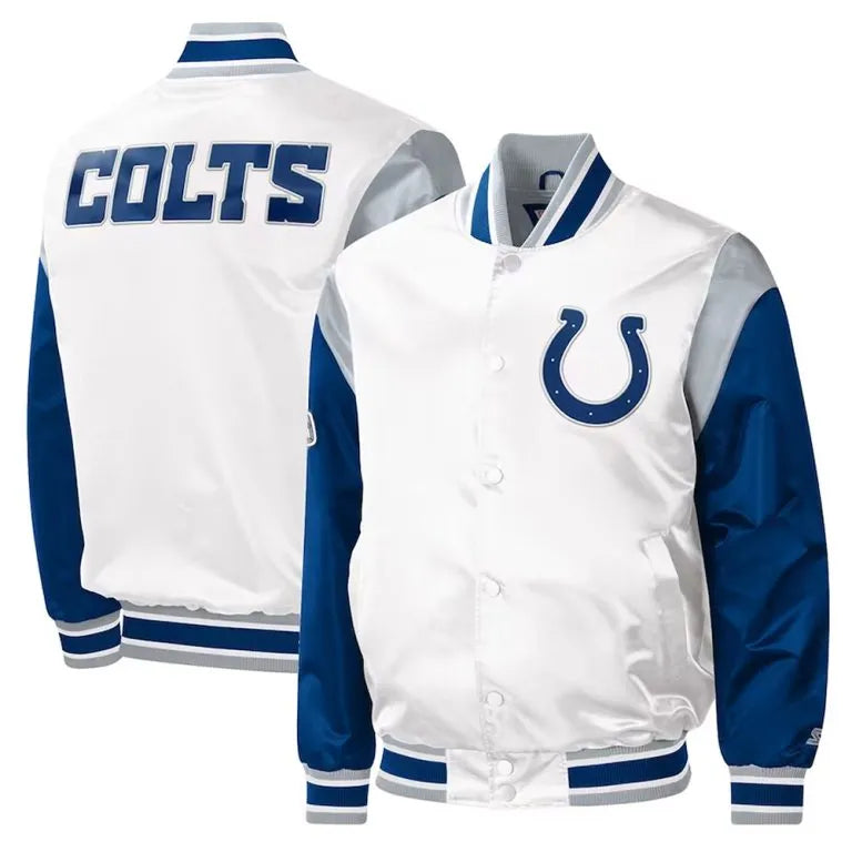 Indianapolis Colts Throwback Warm Up Pitch Full-Snap Varsity White and Blue Satin Men's Bomber Jacket