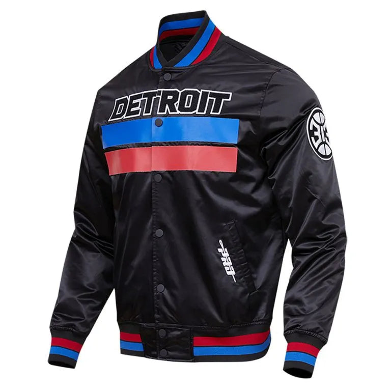 Detroit Pistons Statement Edition Classic Full-Snap Varsity Black Satin Men's Bomber Jacket