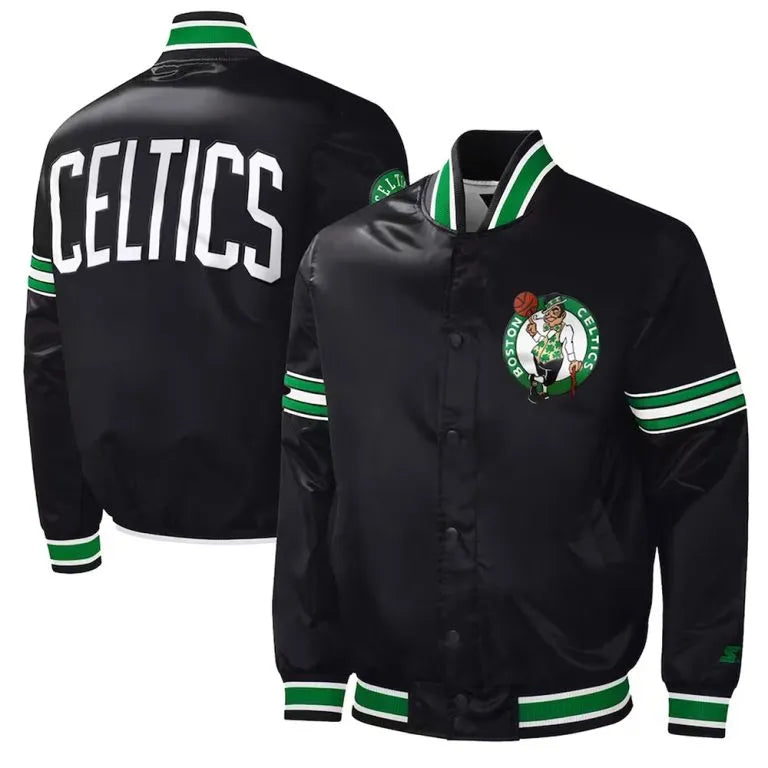 Boston Celtics Slider Full-Snap Varsity Black Satin Men's Bomber Jacket