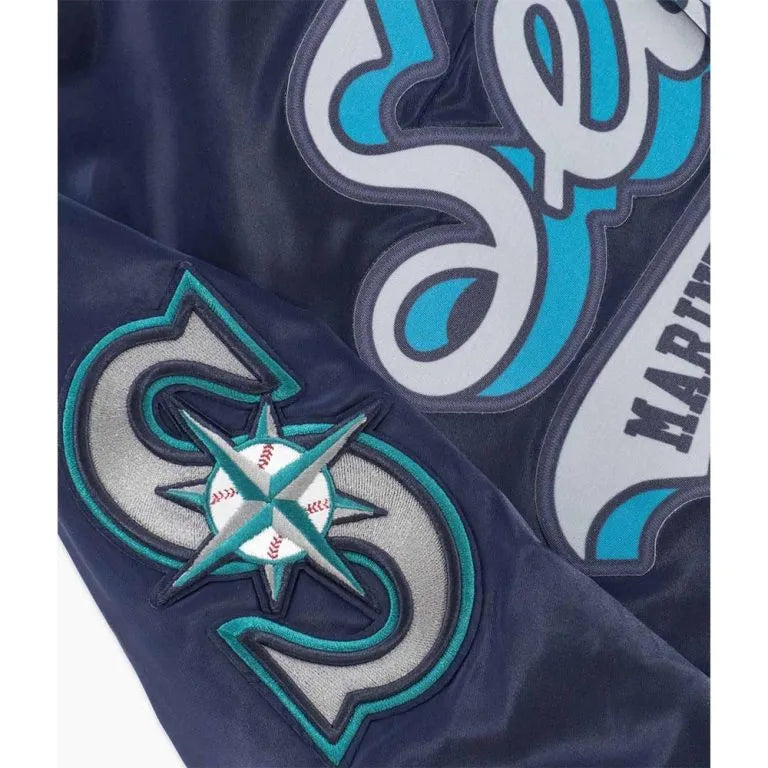 Seattle Mariners Script Tail Full-Snap Varsity Navy Blue Satin Men's Jacket