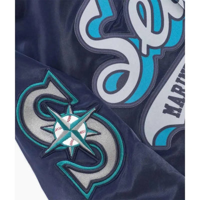 Seattle Mariners Script Tail Full-Snap Varsity Navy Blue Satin Men's Jacket