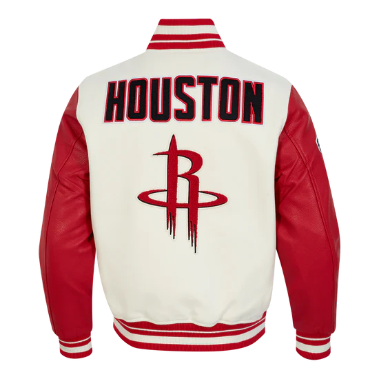 Houston Rockets Retro Classic Rib Varsity Off-White Wool & Red Genuine Leather Sleeves Men's Bomber Jacket