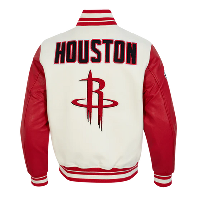 Houston Rockets Retro Classic Rib Varsity Off-White Wool & Red Genuine Leather Sleeves Men's Bomber Jacket