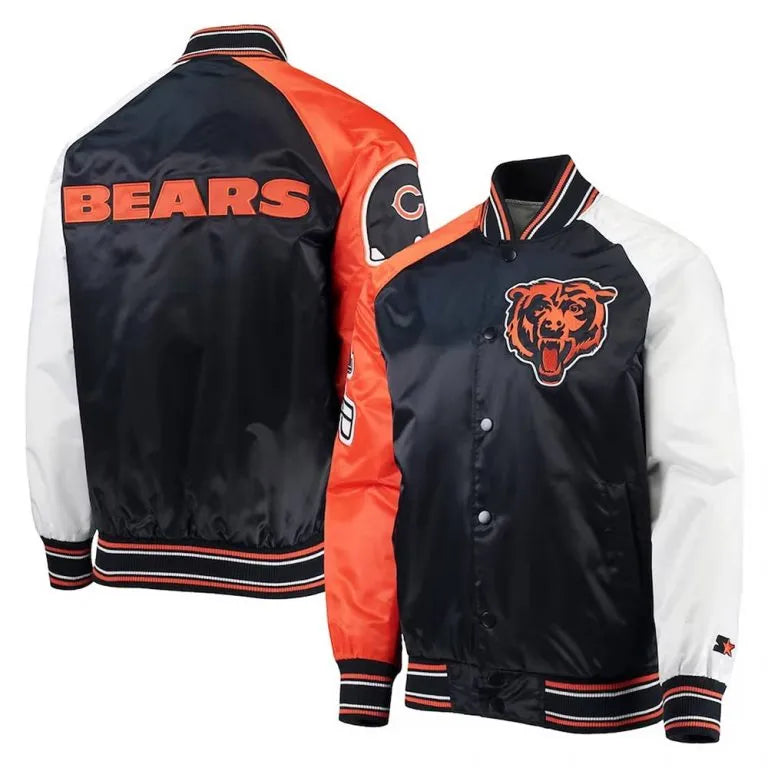 Chicago Bears The Reliever Full-Snap Varsity Tri Color Satin Men's Bomber Jacket